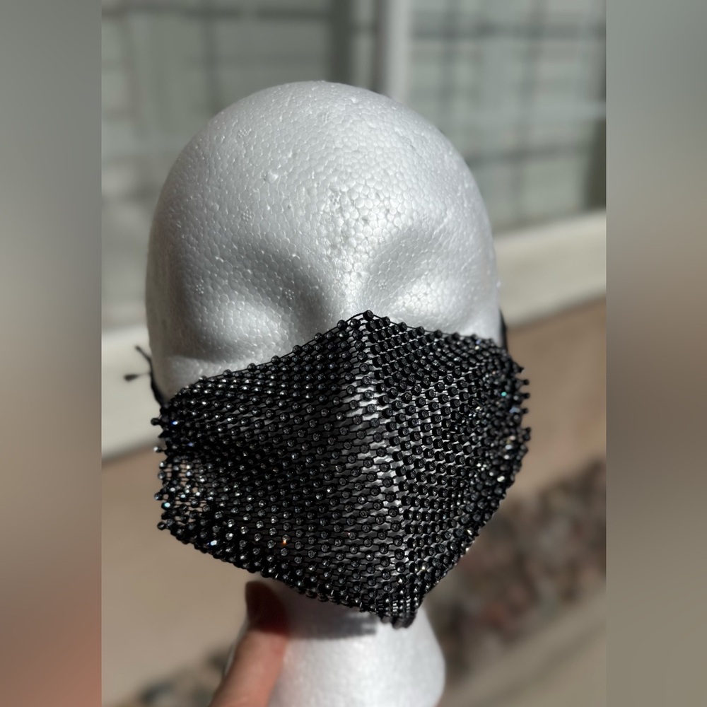 Beaded Black Rhinestone Face Mask